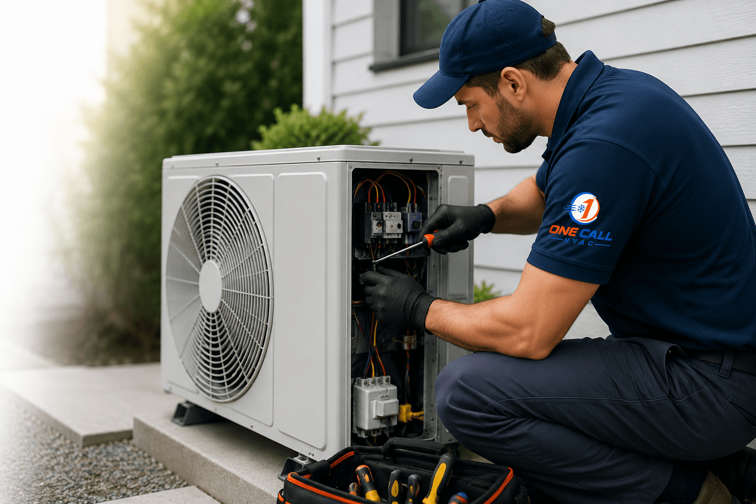 HVAC technician repairing an air conditioning system