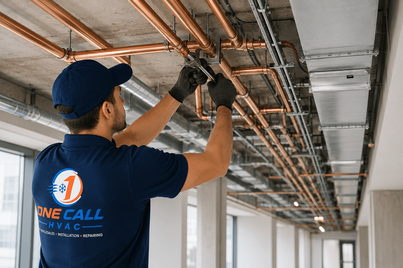Professional AC pipework installation inside a commercial building